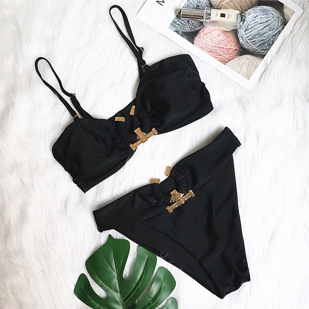 Sexy Swimsuit Metal Accessories Hollow Out Cutout Bikini Solid Color Tube-Top High Waist Women Swimwear Black