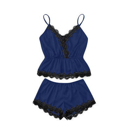 Sexy Lingerie Sexy Lace Sling Three Point Wrapped Chest Lace Sexy Sleepwear Suit Navy Blue