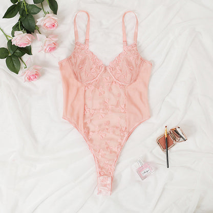 Sexy Small Heart Printing Transparent Mesh Jumpsuit Sexy Suit Apricot Pink