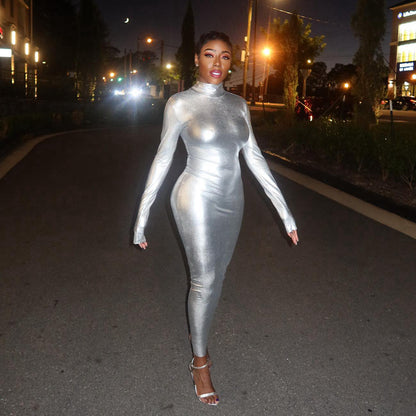 Women Clothing Metallic Coated Fabric Turtleneck Long Sleeve Waist Slimming Sheath Mid Length Dress Women