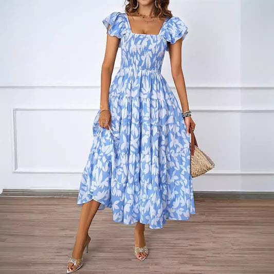 Square Collar Printing Pleated Ruffle Sleeve Elegant Bohemian Printing Dress