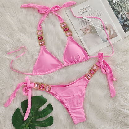 Crystal Diamond Bikini Sexy Women Split Bandage Swimsuit Beach Vacation Swimsuit Glittering Powder