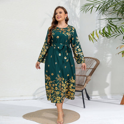 Plus SizeAutumn Winter Loose Dress Bronzing Printed Long Sleeve Plump Girls Dress Green