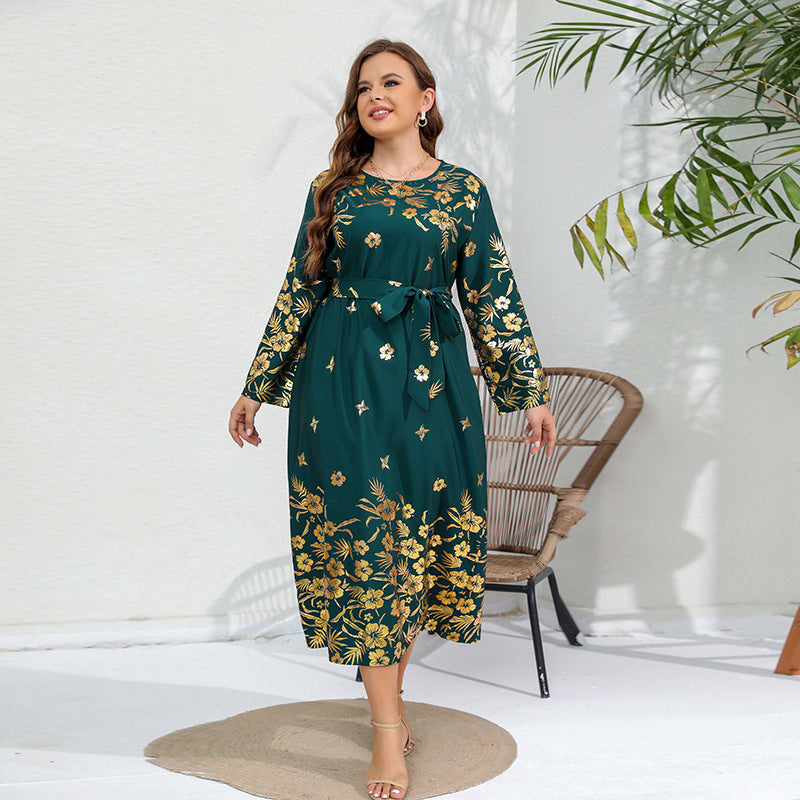 Plus SizeAutumn Winter Loose Dress Bronzing Printed Long Sleeve Plump Girls Dress Green
