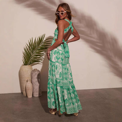 Summer Women Clothing Office Sleeveless Sexy Printed Long Sling Dress