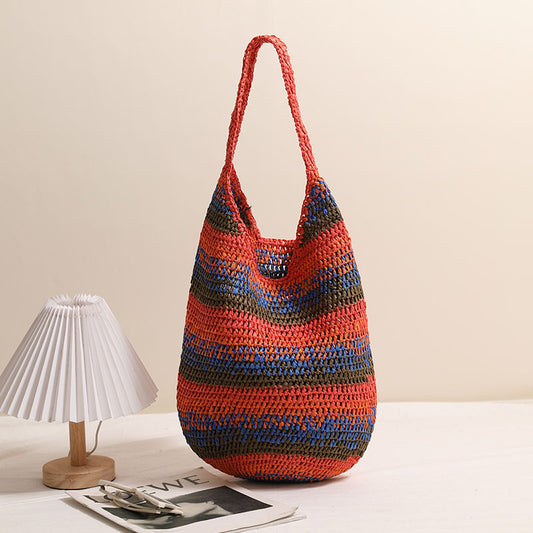 Color Shoulder Straw Bag Casual Large Capacity Woven Bag Seaside Vacation Beach Bag All Matching Straw Bag