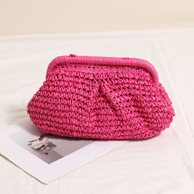 Crossbody Straw Bag Pleated Solid Color Straw Bag Woven Bag Vacation Beach Bag Women Bag One Size Clip Shell Rose Red