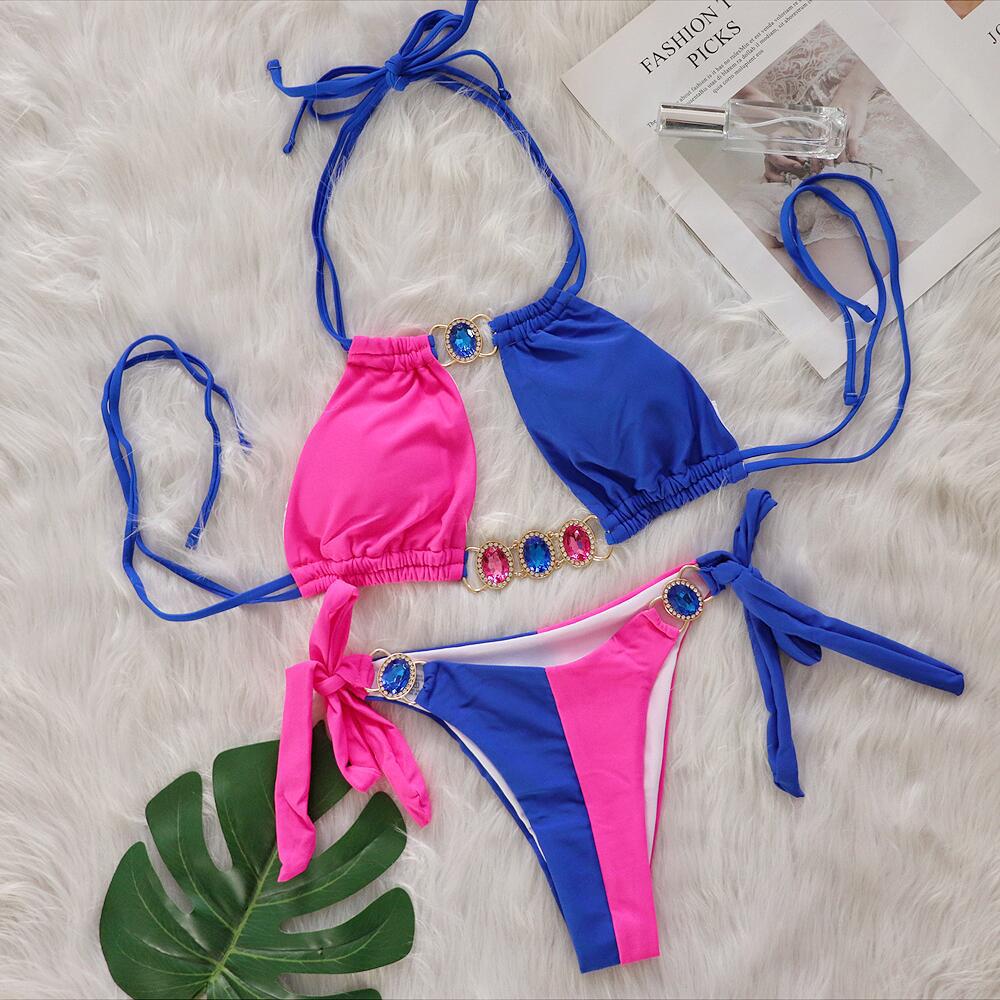 Baizi Crystal Diamond Bikini Sexy Patchwork Strap Women Split Swimsuit 3