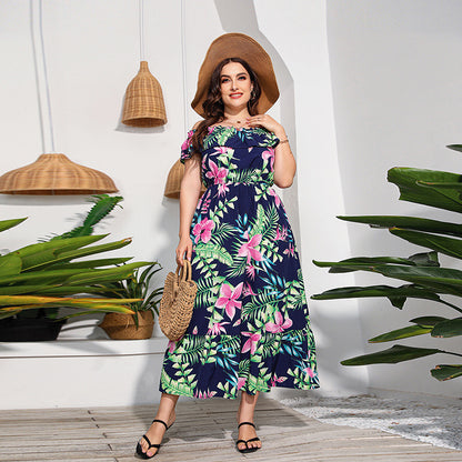 Plus Size Beach Holiday Long Beach Dress off the Neck Tube Top Color Printed Dress Blue