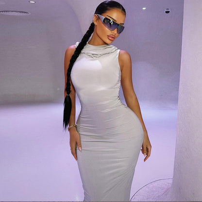 Summer Women Clothing Solid Color Hooded Sleeveless Sheath Split Dress Women