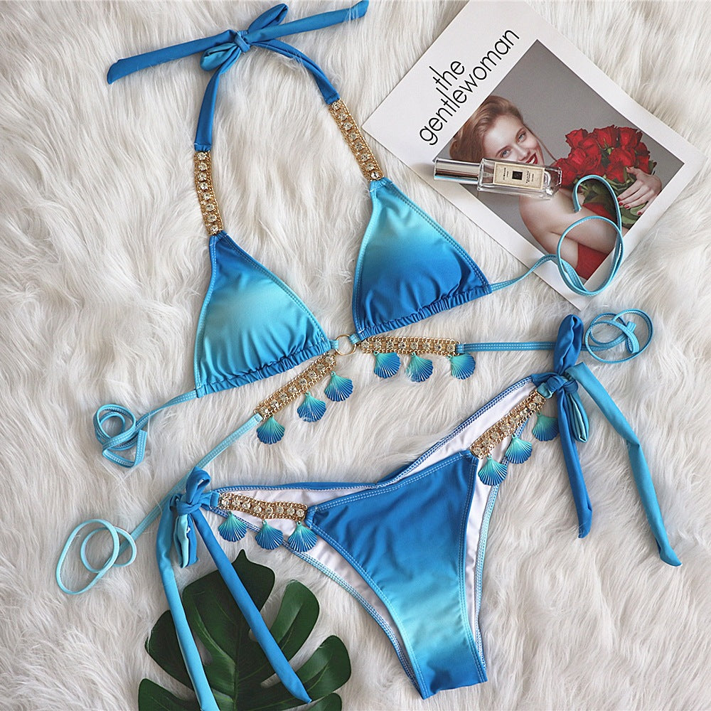 Sexy Bandage Gradient Printing Women Split Swimsuit Luxury Crystal Diamond Bikini Swimsuit Gradient blue
