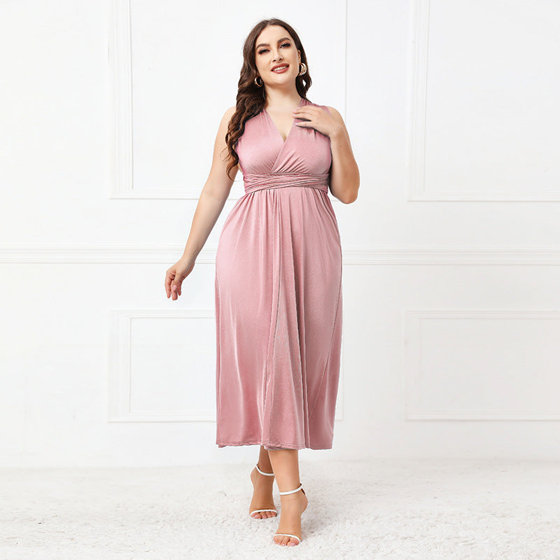 Plus Size Irregular Asymmetric Formal Dress Women Cross Backless Sexy Lace up Dress Pink