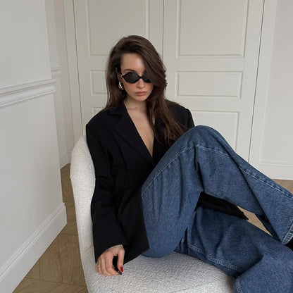 Autumn Winter Retro Black Elegant Slim Blazer Casual Tailored Collar Thin Top