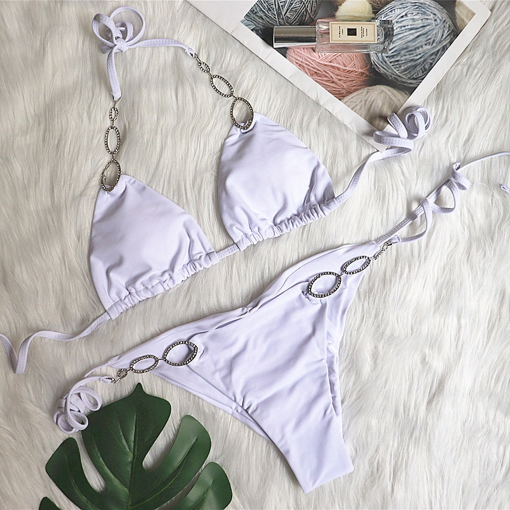 Bikini Sexy Metal Accessories Rhinestone Women Split Swimsuit Plain Bandage Swimsuit White
