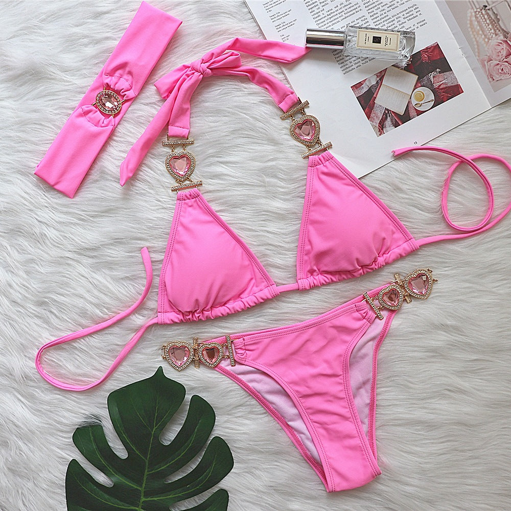Sexy Luxury Crystal Diamond Bikini Solid Color Women Split Bandage Swimsuit Metal Accessories Swimsuit Pink