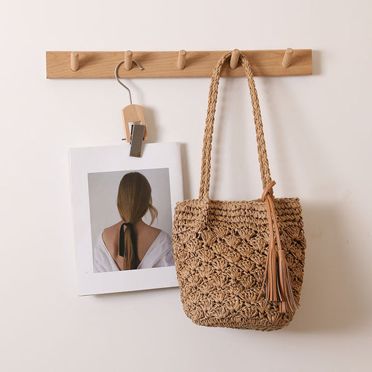 Tassel Shoulder Straw Bag Fan Hollow Out Cutout Pattern Woven Bag Women Vacation Beach Bag Women Bag One Size Small Fan Tassel Coffee