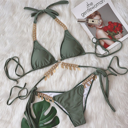 Bikini Swimsuit Women tagram Mesh Red Holiday Sexy Chain Strap Push up Split Swimsuit Army Green