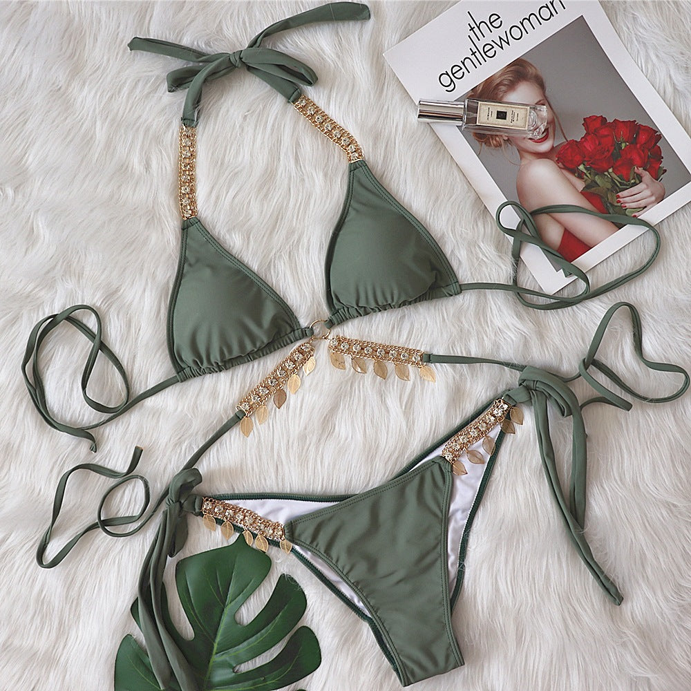 Bikini Swimsuit Women tagram Mesh Red Holiday Sexy Chain Strap Push up Split Swimsuit Army Green