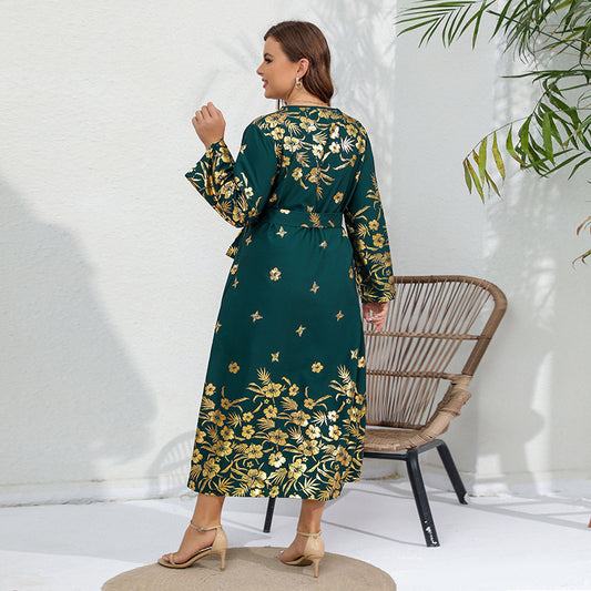 Plus SizeAutumn Winter Loose Dress Bronzing Printed Long Sleeve Plump Girls Dress