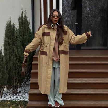 Retro Contrast Color Trench Coat Women Autumn Winter Tooling Casual All Match Khaki Collared Long Sleeve Long Cut Coat