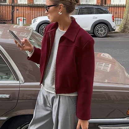 Autumn Elegant Wine Red Collared Cropped Jacket All Matching Loose Zipper Coat