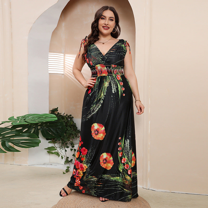 Plus Size Girls Ice Silk Printed Dress Bohemian plus-Sized V neck Maxi Dress Black