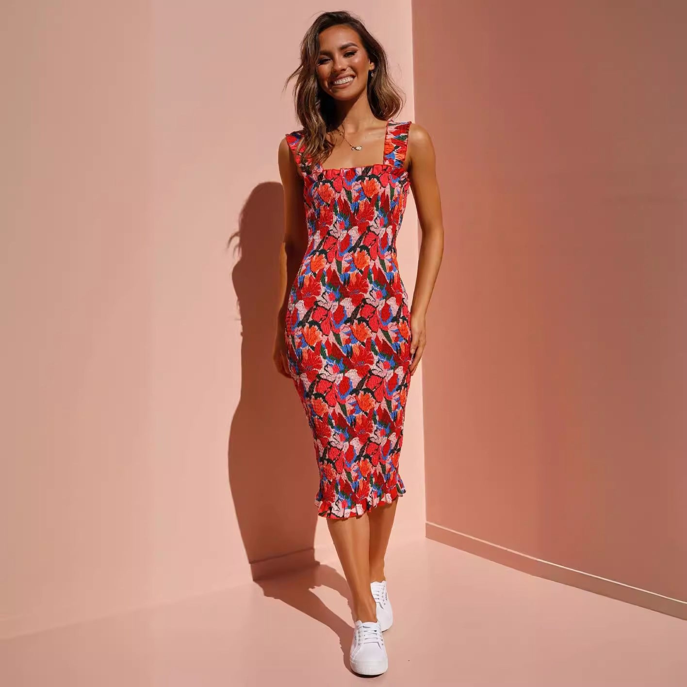Women Clothing Midi Dress Sexy Vacation Ruffled Pleating Tight Dress – Lady Ros