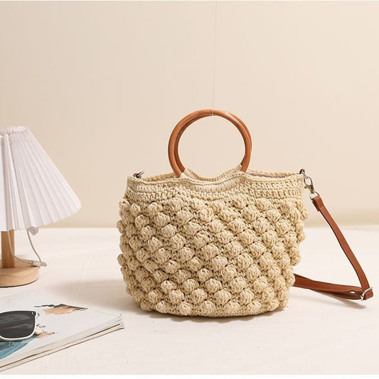 Beanie Crossbody Straw Bag Wooden Ring Portable Straw Bag Woven Bag Vacation Beach Bag Women Bag