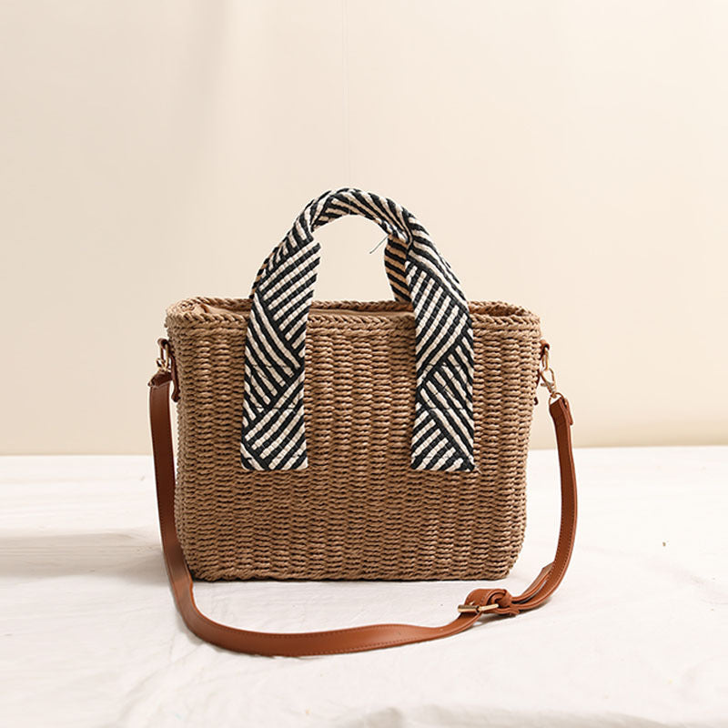 Handheld Straw Bag Square Solid Color Crossbody Woven Bag Vacation Beach Bag Large Capacity Rattan Weave Bag One Size Striped Square Box Coffee