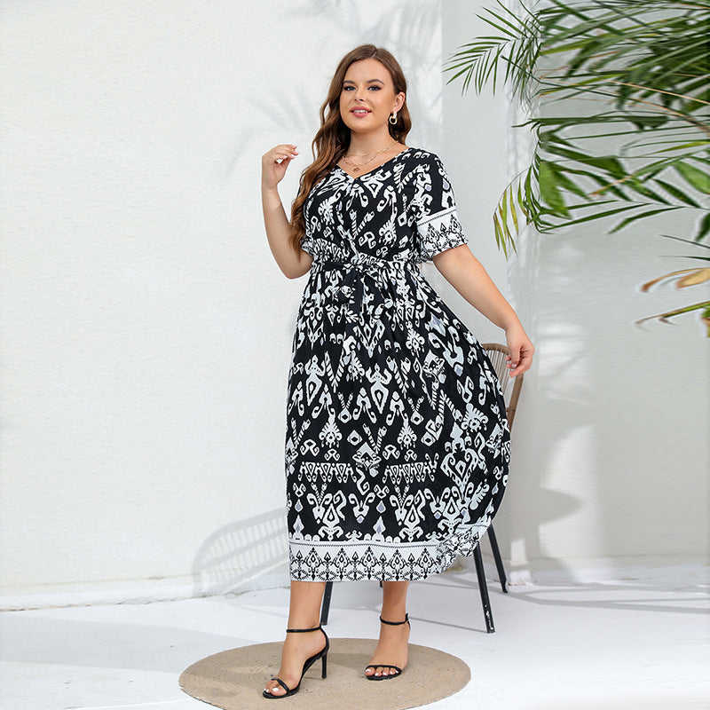 Plus Size Dress Elegant Graceful Elastic Waist V neck Dress Black