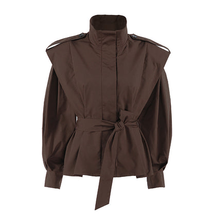 French Minority Autumn Winter Atmosphere Tongqin Trench Coat Coat Women Waist Trimming Lace up Collared Long Sleeve