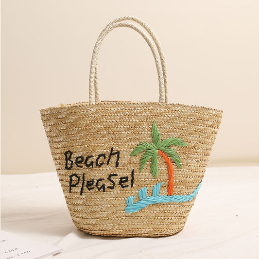 Coconut Embroidery Shoulder Straw Bag Letters Hand-Carrying Woven Bag Vacation Beach Bag Large Capacity Rattan Bag