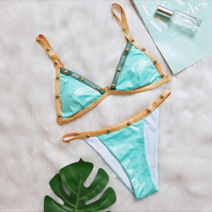 Patchwork Beaded Bikini Sexy Adjustable Shoulder Strap Split Women Swimsuit Green
