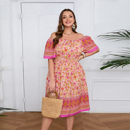 Plus Size Women Clothing Short Sleeve Bohemian Dress Holiday Beach Dress Summer