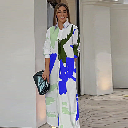 Autumn Printed Shirt Collar Loose Waist Dress Women Blue against white background