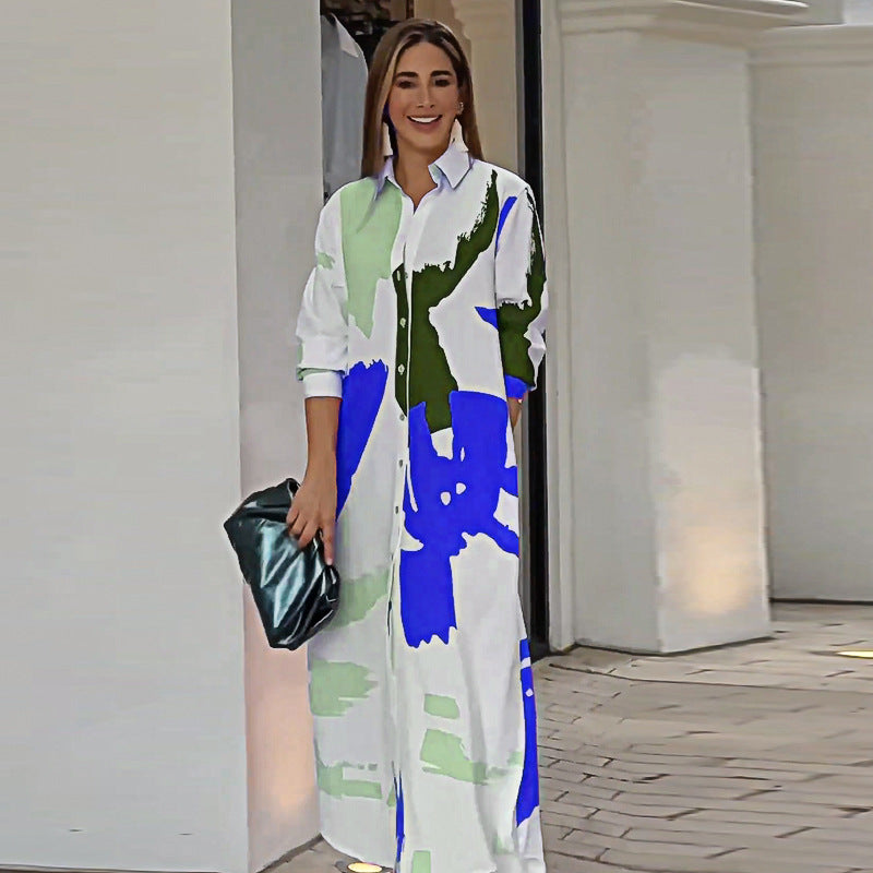 Autumn Printed Shirt Collar Loose Waist Dress Women Blue against white background