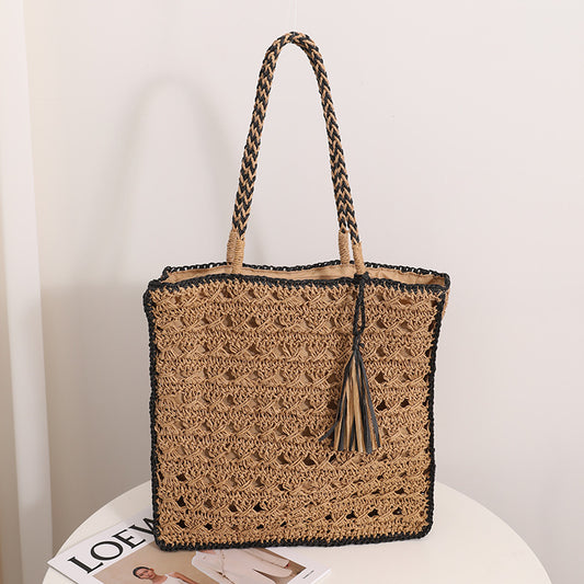 Square Tassel Shoulder Straw Bag Fresh Hollow Out Cutout Handmade Straw Bag Woven Bag Women Seaside Vacation Beach Bag One Size Multi1