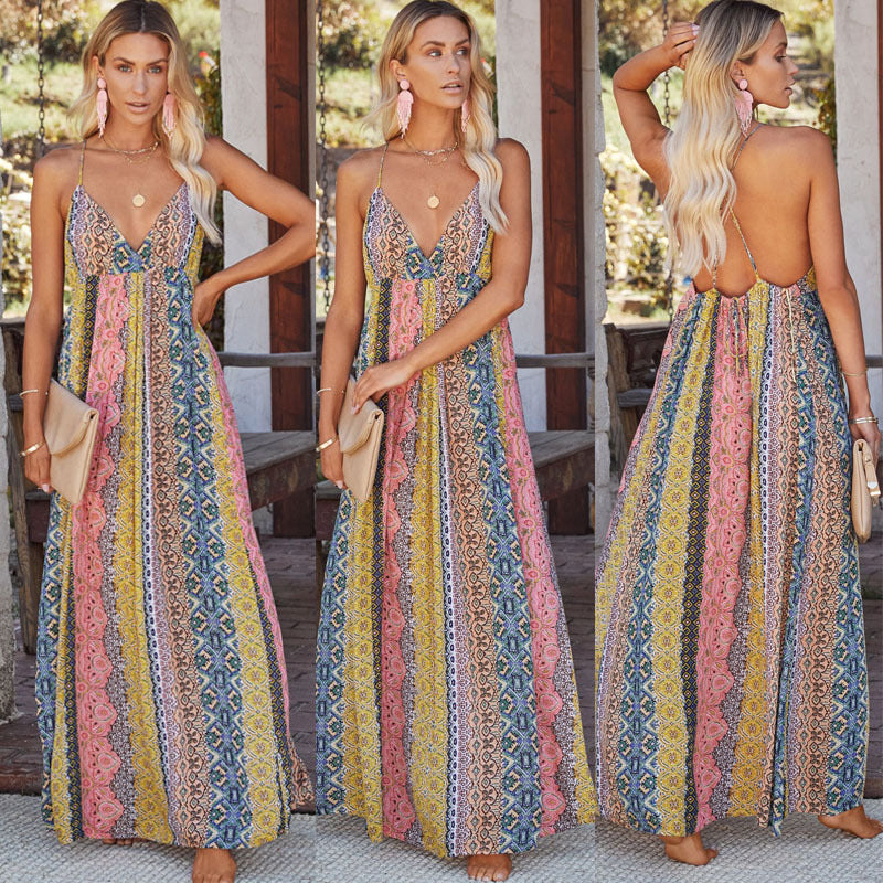 V neck Sexy Backless Spaghetti Strap Floral Print Swing Summer Dress