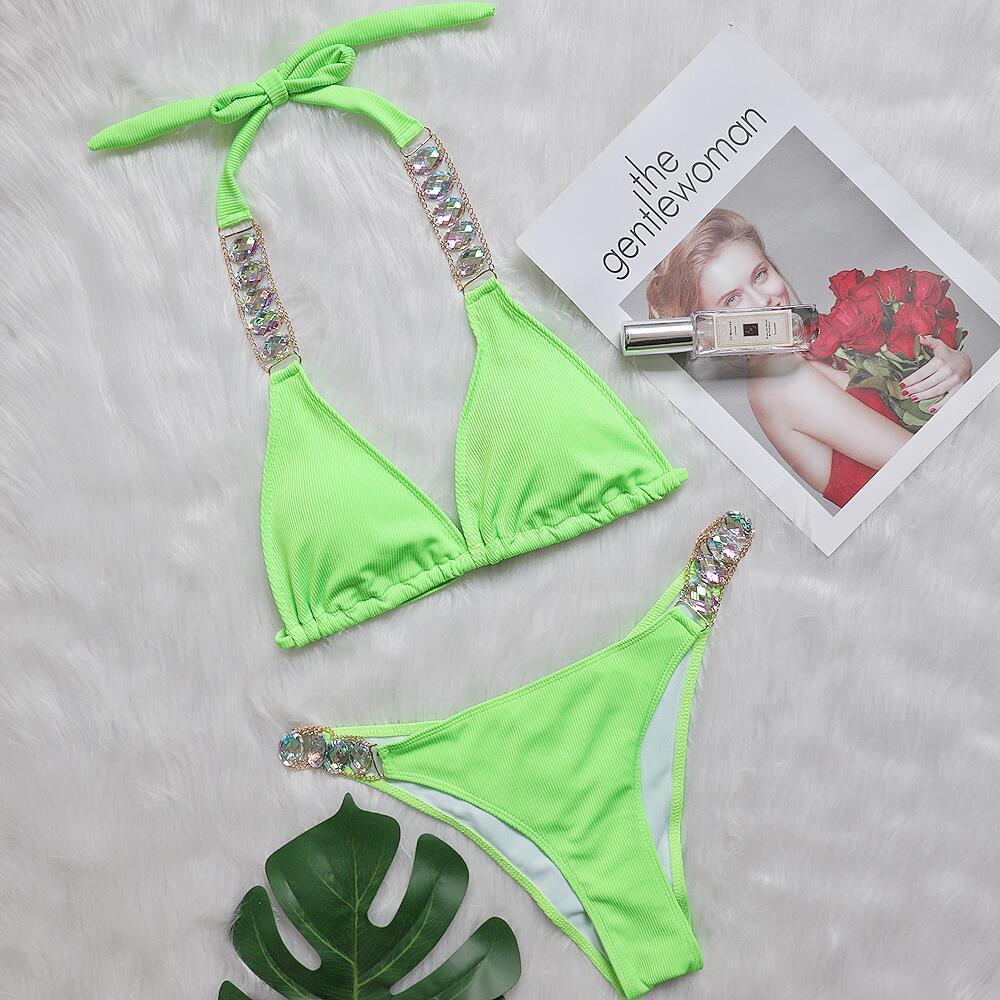 Bikini Plain Women Split Strap Luxury Diamond Swimsuit Sexy Metal Chain Accessories Swimwear Green