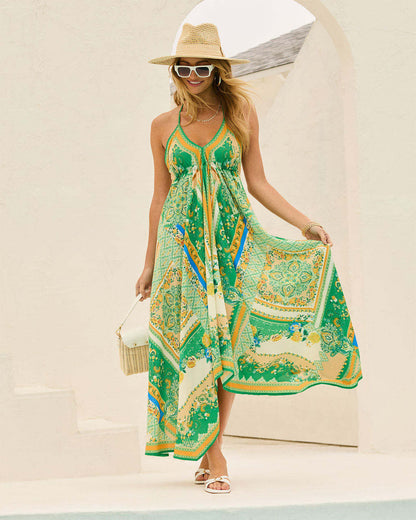 Casual Holiday Women Clothing Dress Printed Sexy Suspenders Midi Dress Women Green