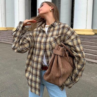 Retro Plaid Shirt Women Loose Long Sleeve Top Fall Winter Women