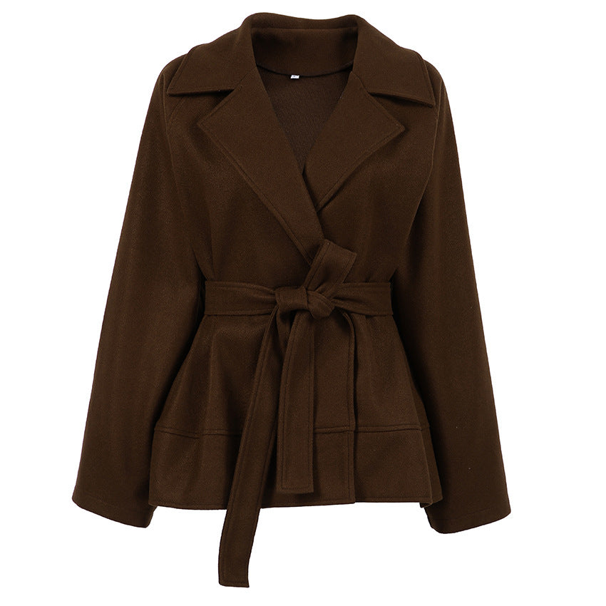 Autumn Winter Atmosphere Woolen Coat Women Waist Controlled Lace up All Matching Long Sleeve Woolen Cloth Overcoat