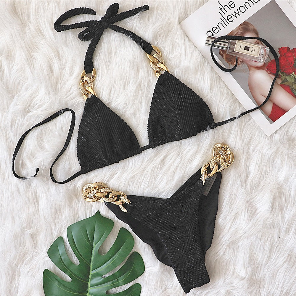 Bikini Golden Diamond Chain Split Swimsuit Sexy Special Fabric Women Swimwear textured Black