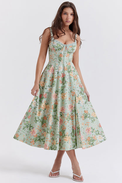 Spring Summer Women Printed Cami Dress Sexy Backless Slit Mid Length Dress for Women Green