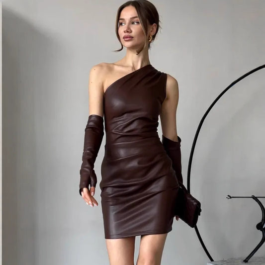 Faux Leather Dress Street Hipster Women Clothing Diagonal Collar Sleeveless Oversleeve Tight Waist Sheath Dress