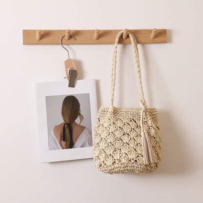 Tassel Shoulder Straw Bag Fan Hollow Out Cutout Pattern Woven Bag Women Vacation Beach Bag Women Bag One Size Small Fan Tassel Rice