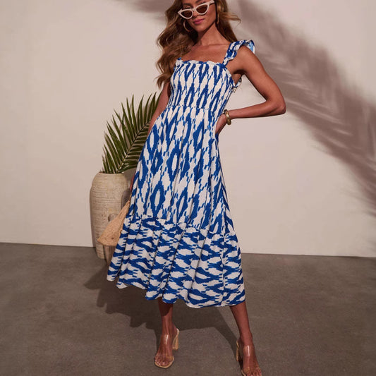 Women Clothing Summer Dress Printed Sexy Square Neck Cinched Pleated Suspender Large Swing Dress