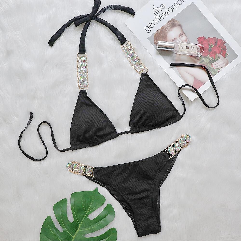 Bikini Plain Women Split Strap Luxury Diamond Swimsuit Sexy Metal Chain Accessories Swimwear Black
