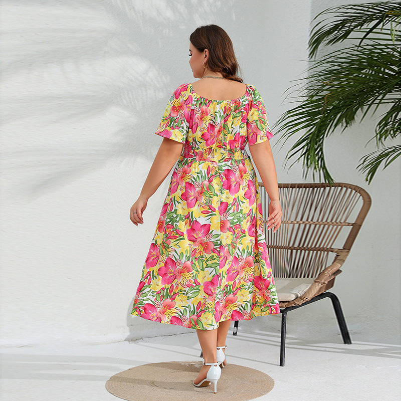 Plus Size Western off Neck Dress Elegant Floral Midi Dress Tight Waist Dress