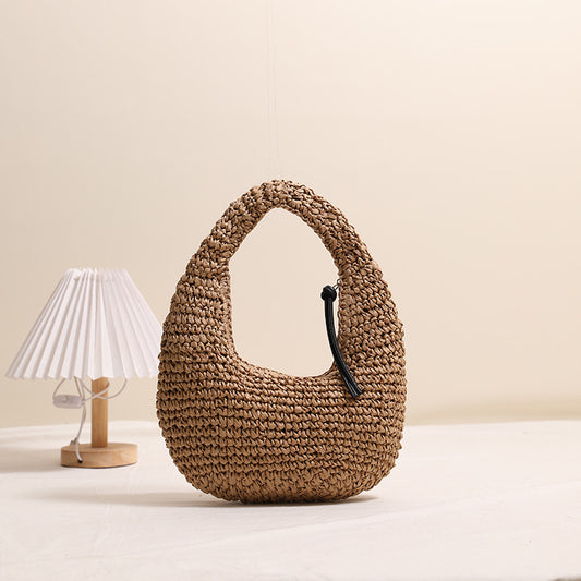 Solid Color Hand Carrying Straw Bag Niche Tassel Hand Carrying Straw Bag Woven Bag Women Seaside Vacation Beach Bag One Size Moon Tassel Coffee